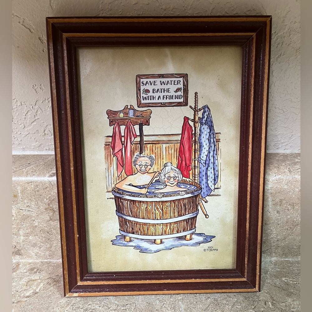 Framed Humorous Bathing Print - Elderly Couple in Wooden Tub